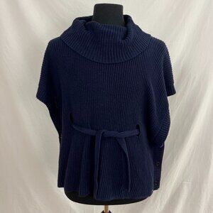 Tommy Hilfiger Navy Rib Knit Poncho Sweater with Belt & Cowl Turtle Neck Size M
